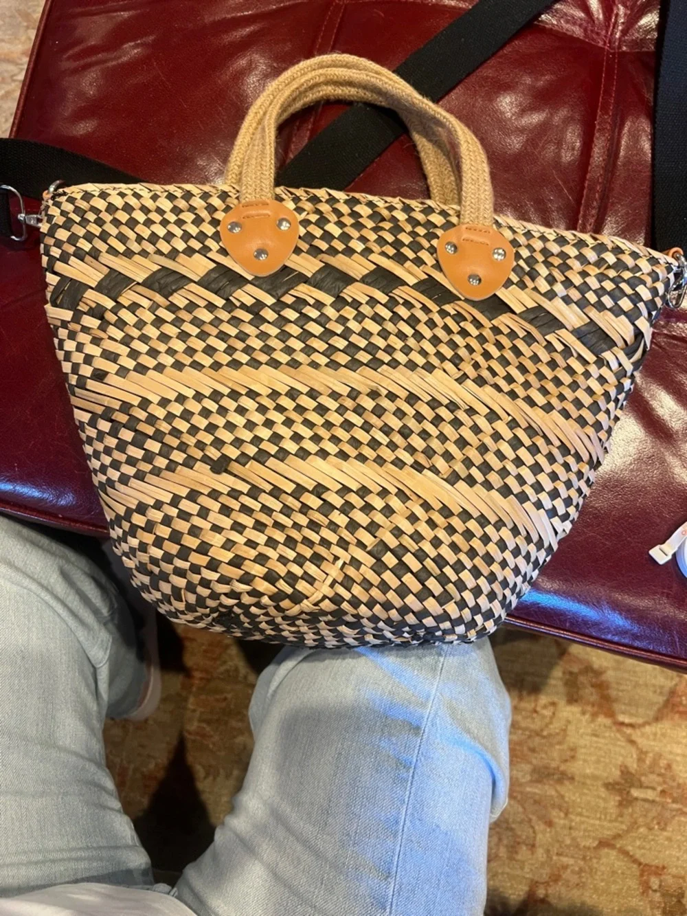 Woven Black and White Straw Tote with Rope Handles and back liner with a pocket!